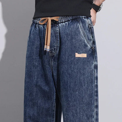 Men Dark Blue Blue Stretch Elastic Waist Denim Pants Streetwear Loose Full Length Trousers Straight Wide Leg Drawstring Jeans - 𝐝𝐮𝐯𝐥𝐚𝐬𝐡𝐨𝐩.𝐜𝐨𝐦
