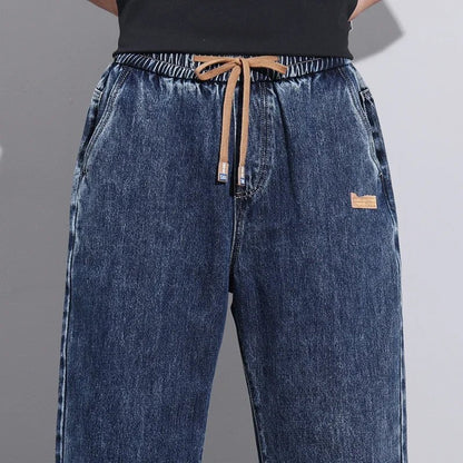 Men Dark Blue Blue Stretch Elastic Waist Denim Pants Streetwear Loose Full Length Trousers Straight Wide Leg Drawstring Jeans - 𝐝𝐮𝐯𝐥𝐚𝐬𝐡𝐨𝐩.𝐜𝐨𝐦