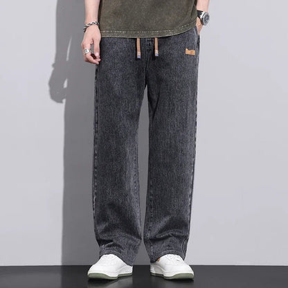 Men Dark Blue Blue Stretch Elastic Waist Denim Pants Streetwear Loose Full Length Trousers Straight Wide Leg Drawstring Jeans - 𝐃𝐔𝐕𝐋𝐀𝐒𝐇𝐎𝐏