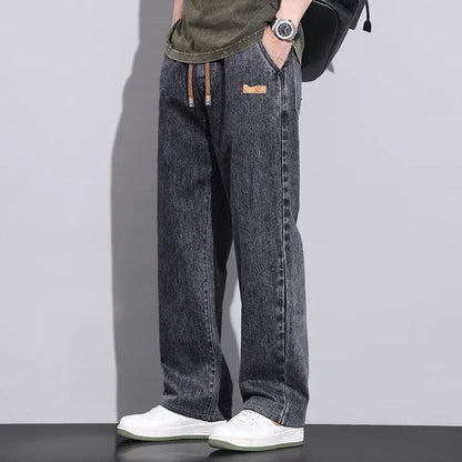 Men Dark Blue Blue Stretch Elastic Waist Denim Pants Streetwear Loose Full Length Trousers Straight Wide Leg Drawstring Jeans - 𝐃𝐔𝐕𝐋𝐀𝐒𝐇𝐎𝐏