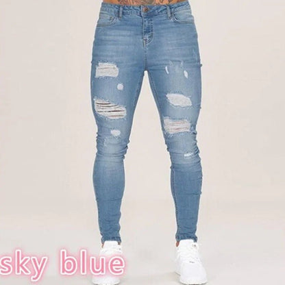Men Jeans Knee Hole Ripped Stretch Skinny Denim Pants Solid Color Black Blue Autumn Summer Hip - Hop Style Slim Fit Trousers S - 4XL - 𝐃𝐔𝐕𝐋𝐀𝐒𝐇𝐎𝐏