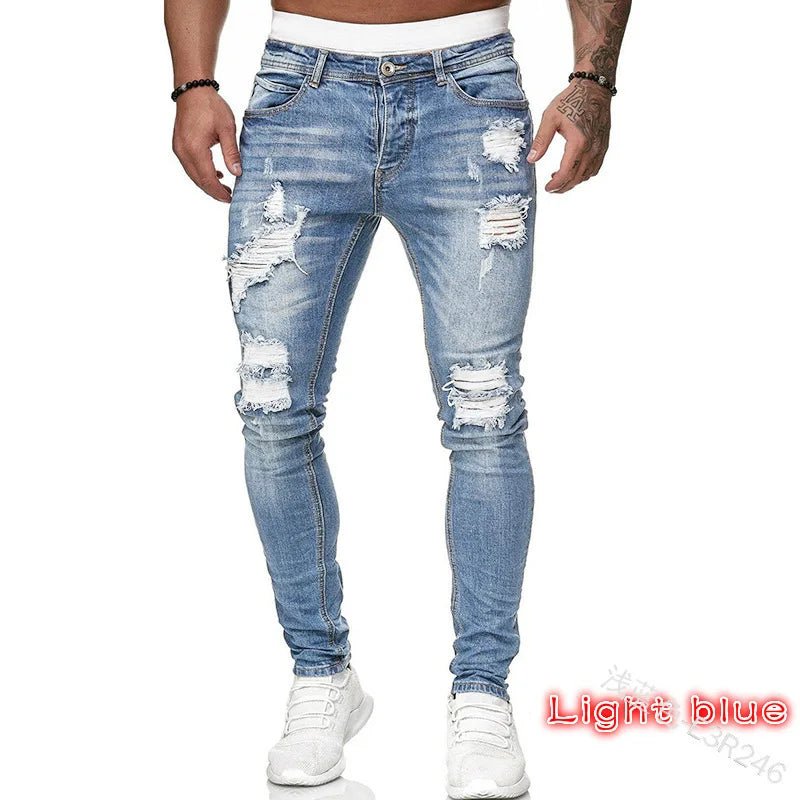 Men Jeans Knee Hole Ripped Stretch Skinny Denim Pants Solid Color Black Blue Autumn Summer Hip - Hop Style Slim Fit Trousers S - 4XL - 𝐃𝐔𝐕𝐋𝐀𝐒𝐇𝐎𝐏