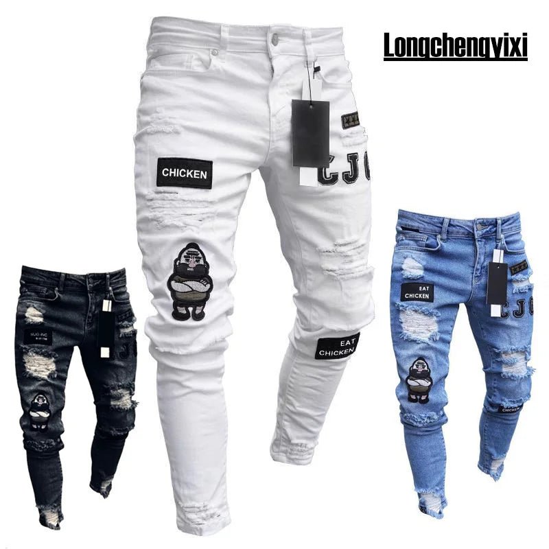 Men Jeans Knee Hole Ripped Stretch Skinny Denim Pants Solid Color Black Blue Autumn Summer Hip - Hop Style Slim Fit Trousers S - 4XL - 𝐝𝐮𝐯𝐥𝐚𝐬𝐡𝐨𝐩.𝐜𝐨𝐦