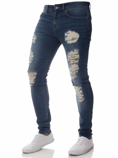 Men Jeans Knee Hole Ripped Stretch Skinny Denim Pants Solid Color Black Blue Autumn Summer Hip - Hop Style Slim Fit Trousers S - 4XL - 𝐃𝐔𝐕𝐋𝐀𝐒𝐇𝐎𝐏