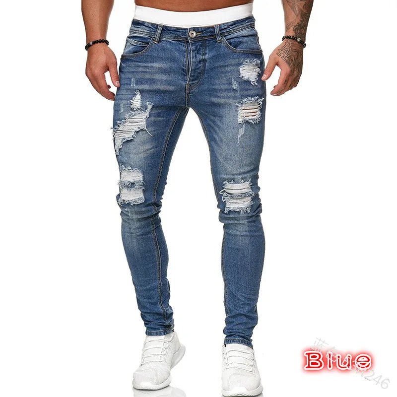 Men Jeans Knee Hole Ripped Stretch Skinny Denim Pants Solid Color Black Blue Autumn Summer Hip - Hop Style Slim Fit Trousers S - 4XL - 𝐝𝐮𝐯𝐥𝐚𝐬𝐡𝐨𝐩.𝐜𝐨𝐦