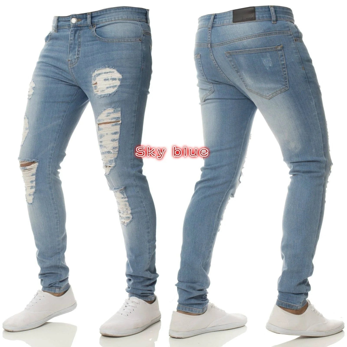 Men Jeans Knee Hole Ripped Stretch Skinny Denim Pants Solid Color Black Blue Autumn Summer Hip - Hop Style Slim Fit Trousers S - 4XL - 𝐝𝐮𝐯𝐥𝐚𝐬𝐡𝐨𝐩.𝐜𝐨𝐦
