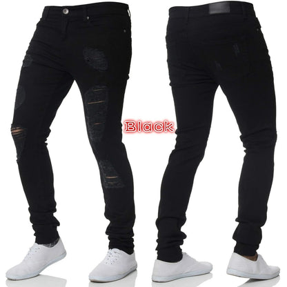 Men Jeans Knee Hole Ripped Stretch Skinny Denim Pants Solid Color Black Blue Autumn Summer Hip - Hop Style Slim Fit Trousers S - 4XL - 𝐃𝐔𝐕𝐋𝐀𝐒𝐇𝐎𝐏
