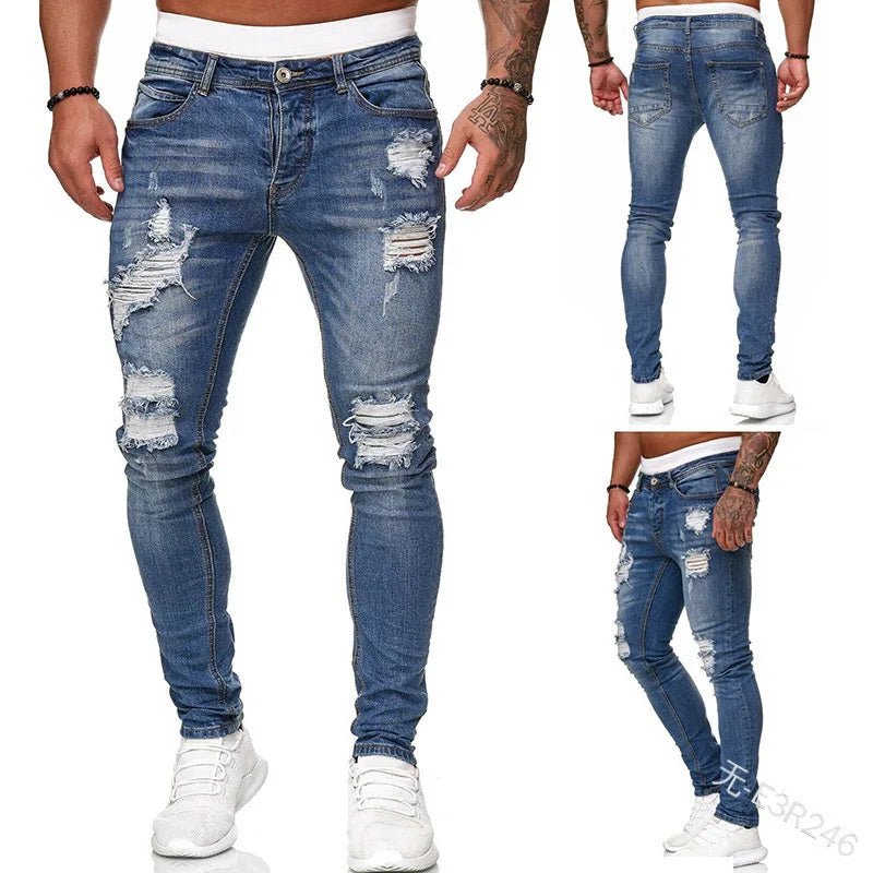 Men Jeans Knee Hole Ripped Stretch Skinny Denim Pants Solid Color Black Blue Autumn Summer Hip - Hop Style Slim Fit Trousers S - 4XL - 𝐃𝐔𝐕𝐋𝐀𝐒𝐇𝐎𝐏
