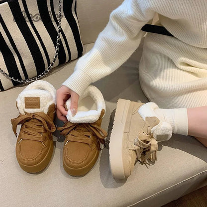 Platform Lace - Up Plush Cotton Shoes Women's Winter Outdoor Faux Fur Lined Thickened Anti - Slip Low Top Snow Boots Casual Sneakers - 𝐃𝐔𝐕𝐋𝐀𝐒𝐇𝐎𝐏