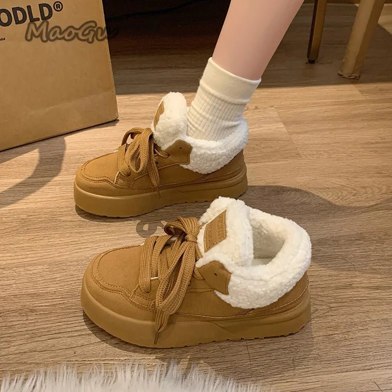 Platform Lace - Up Plush Cotton Shoes Women's Winter Outdoor Faux Fur Lined Thickened Anti - Slip Low Top Snow Boots Casual Sneakers - 𝐃𝐔𝐕𝐋𝐀𝐒𝐇𝐎𝐏