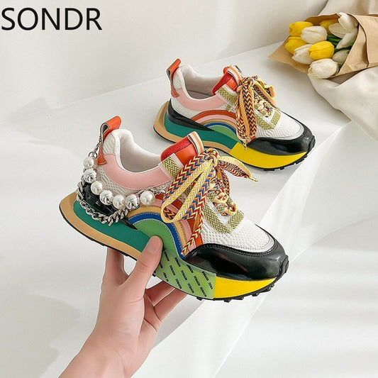 Womens Genuine Leather Sneakers Lace Up Rainbow Colors Platform Pearls Chain Decor Girls Shoes Korean Styles New - 𝐝𝐮𝐯𝐥𝐚𝐬𝐡𝐨𝐩.𝐜𝐨𝐦